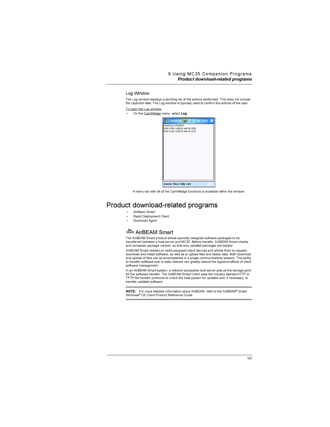 Motorola MC35 manual Product download-related programs, AirBEAM Smart, Log Window 