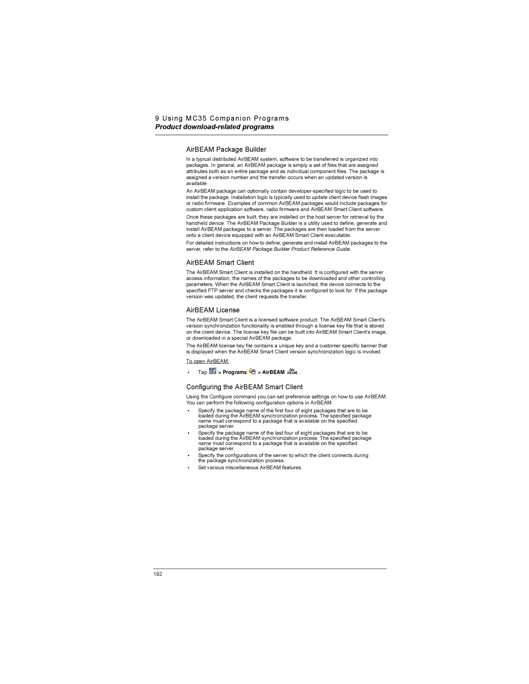Motorola MC35 AirBEAM Package Builder, AirBEAM License, Configuring the AirBEAM Smart Client, Tap Programs AirBEAM 