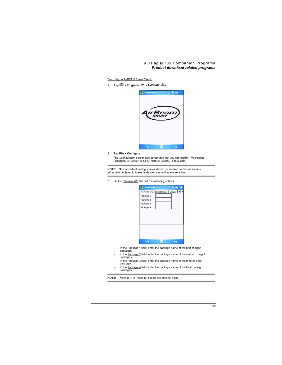 Motorola MC35 manual Tap Programs AirBEAM Tap File Configure 