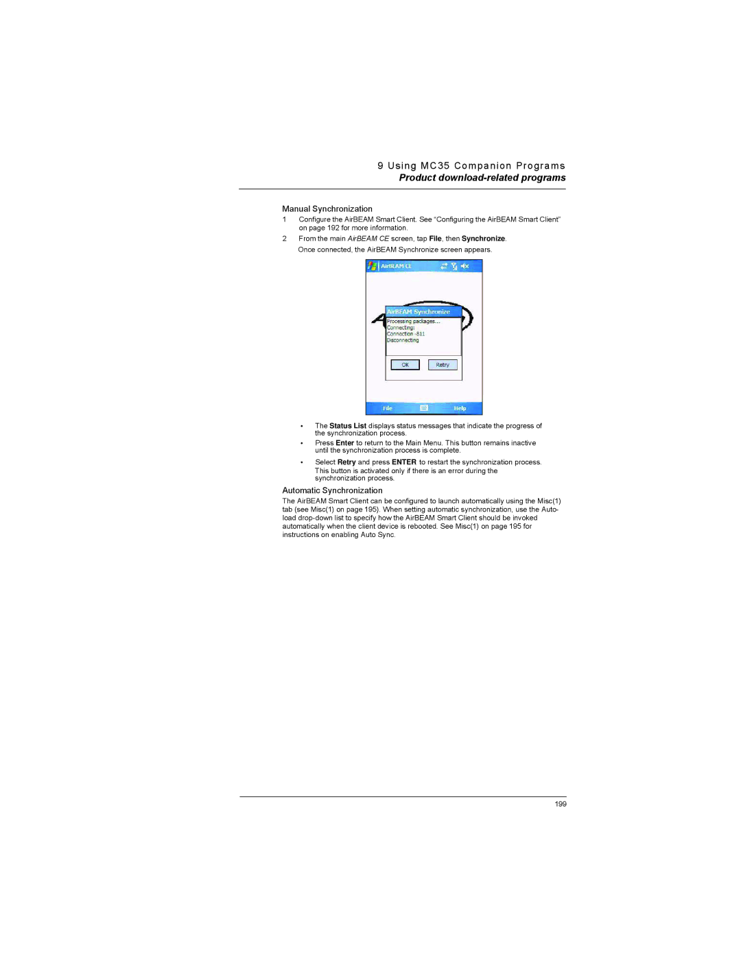 Motorola MC35 manual Manual Synchronization, Automatic Synchronization 