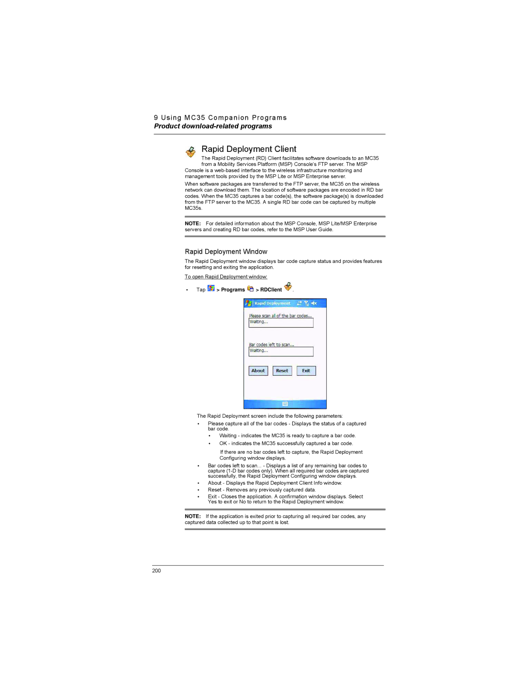 Motorola MC35 manual Rapid Deployment Client, Rapid Deployment Window, Tap Programs RDClient 