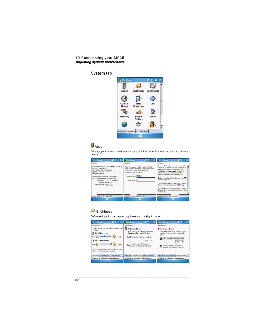 Motorola MC35 manual System tab, About, Brightness 