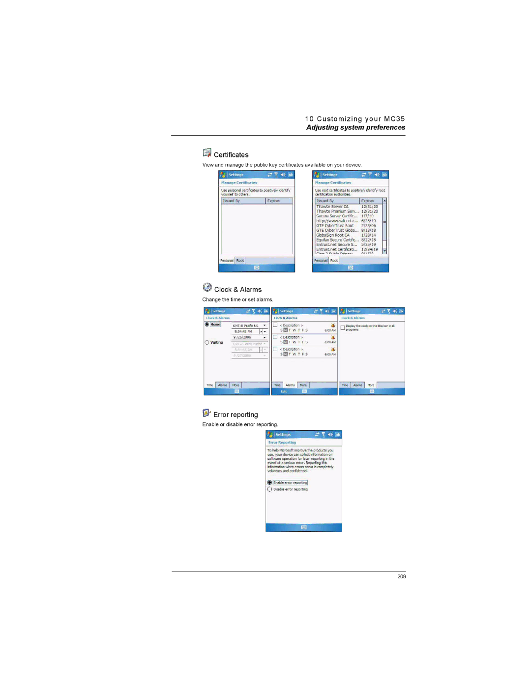 Motorola MC35 manual Certificates, Clock & Alarms, Error reporting 