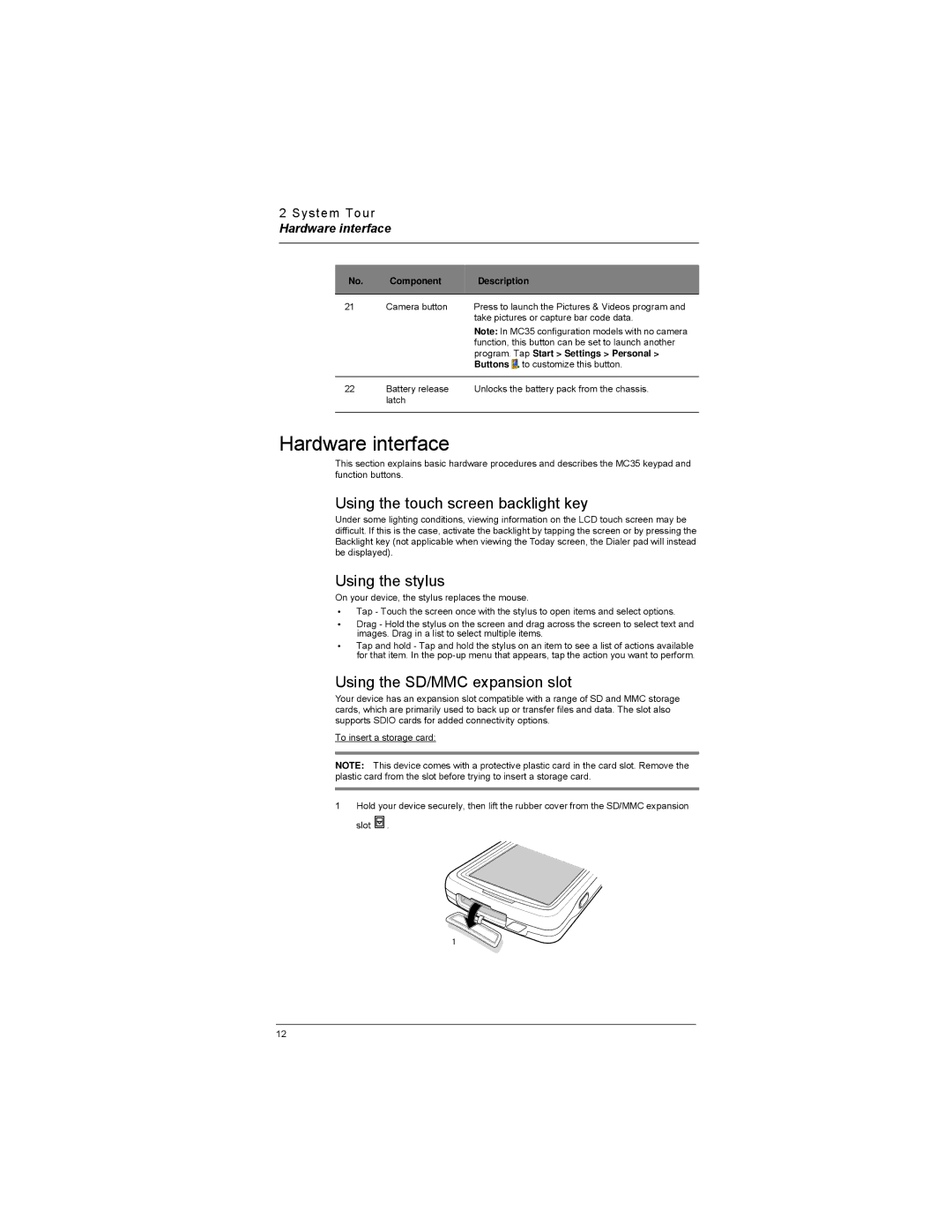 Motorola MC35 Hardware interface, Using the touch screen backlight key, Using the stylus, Using the SD/MMC expansion slot 