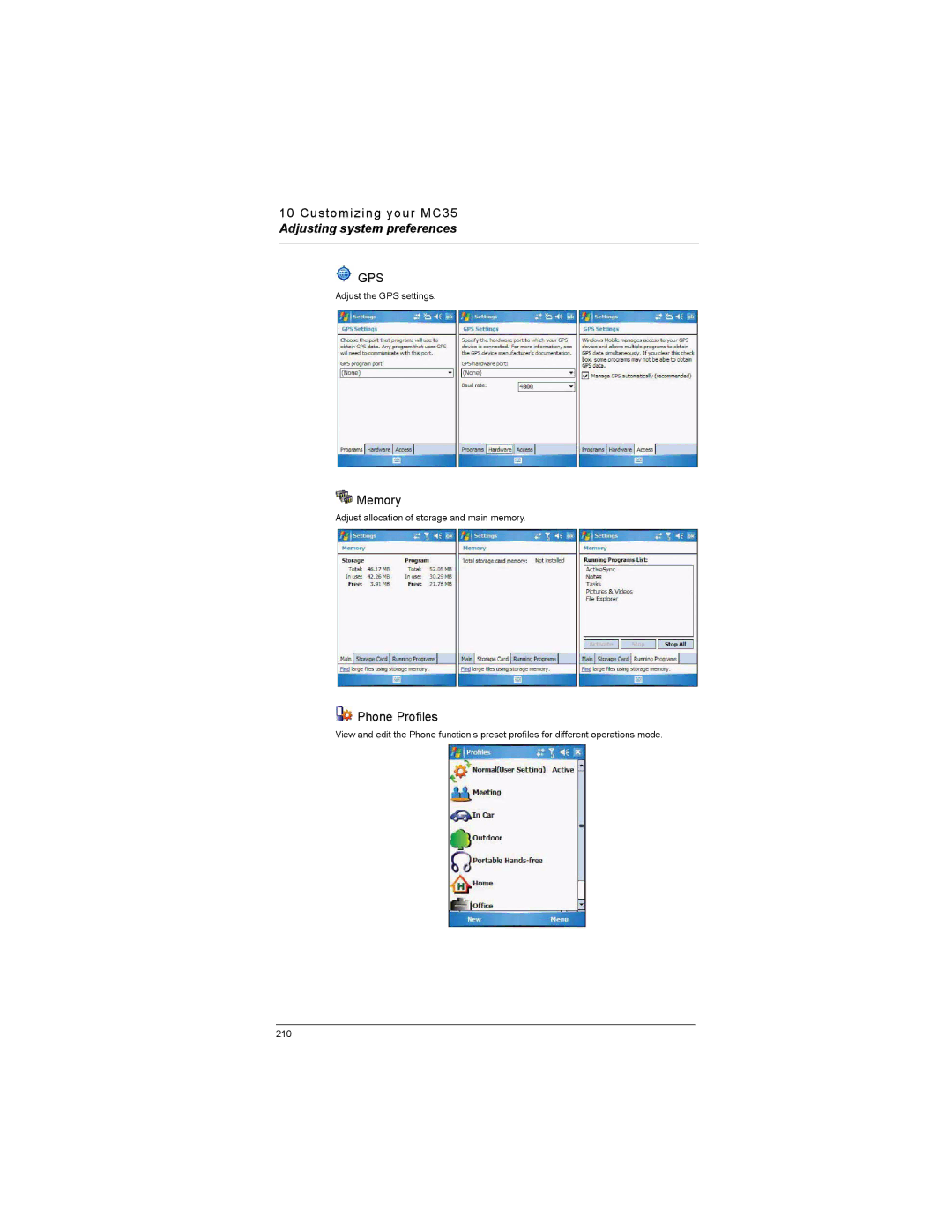 Motorola MC35 manual Memory, Phone Profiles 