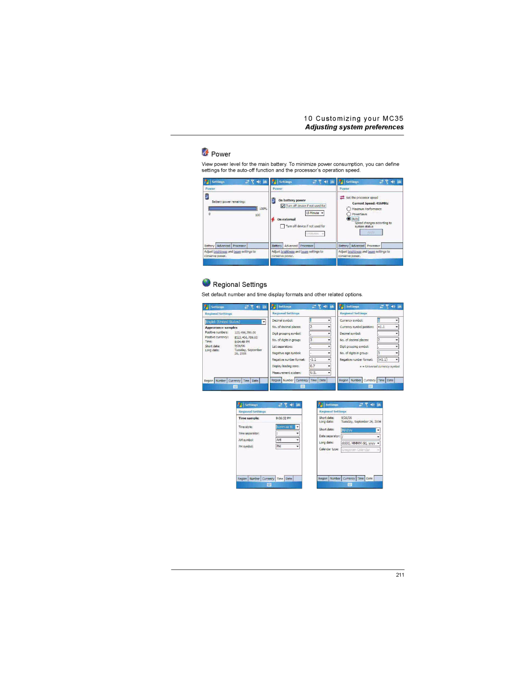 Motorola MC35 manual Power, Regional Settings 