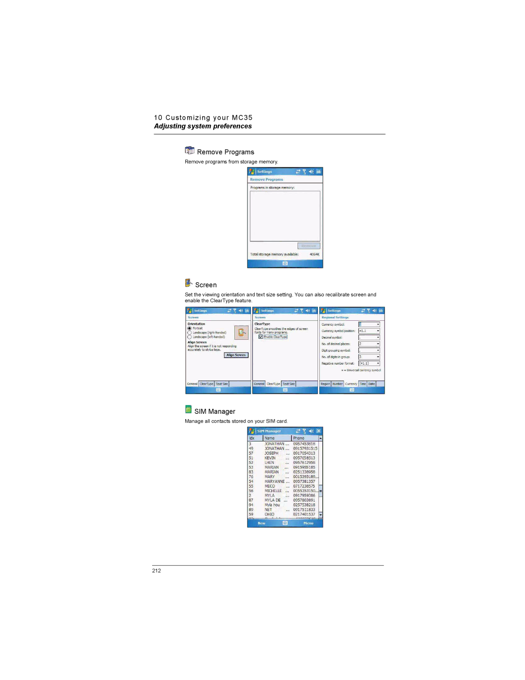Motorola MC35 manual Remove Programs, Screen, SIM Manager 