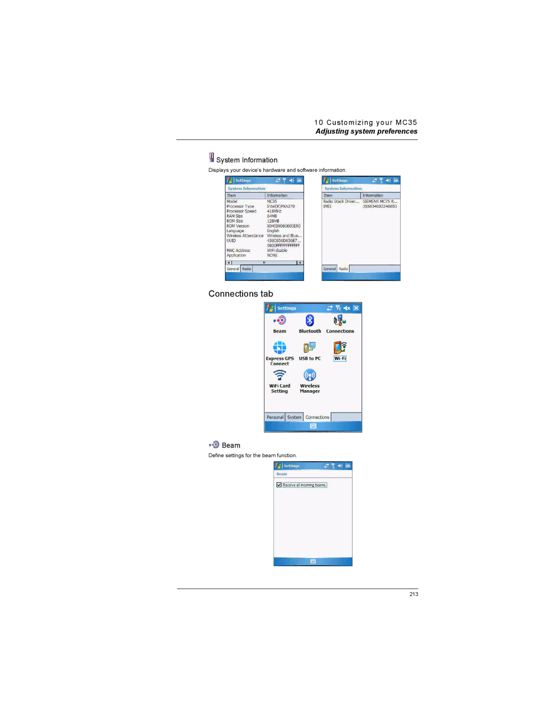 Motorola MC35 manual Connections tab, System Information, Beam 