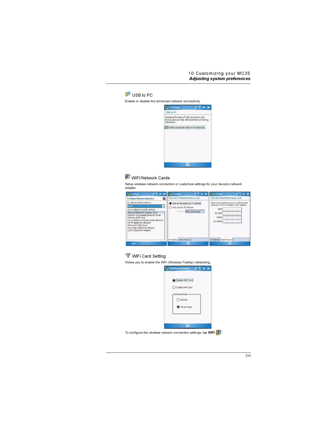 Motorola MC35 manual USB to PC, WiFi/Network Cards, WiFi Card Setting 