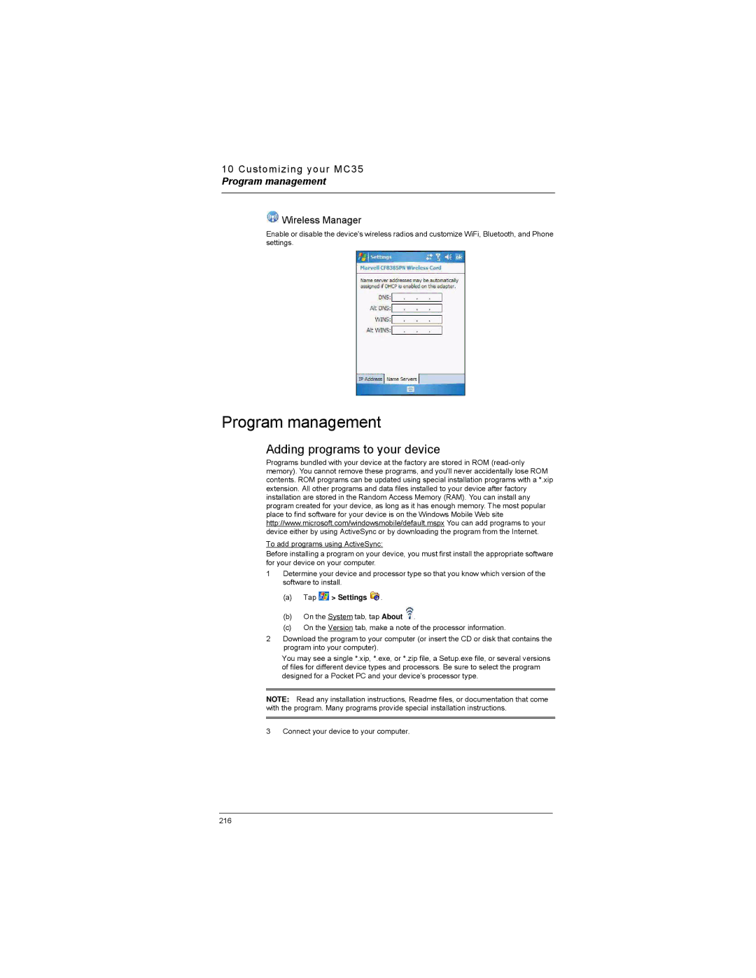 Motorola MC35 manual Program management, Adding programs to your device, Wireless Manager 