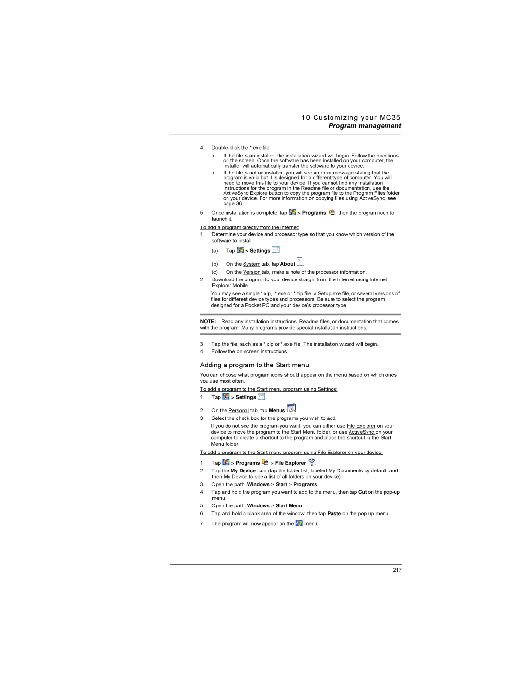 Motorola MC35 manual Adding a program to the Start menu, Open the path Windows Start Programs 