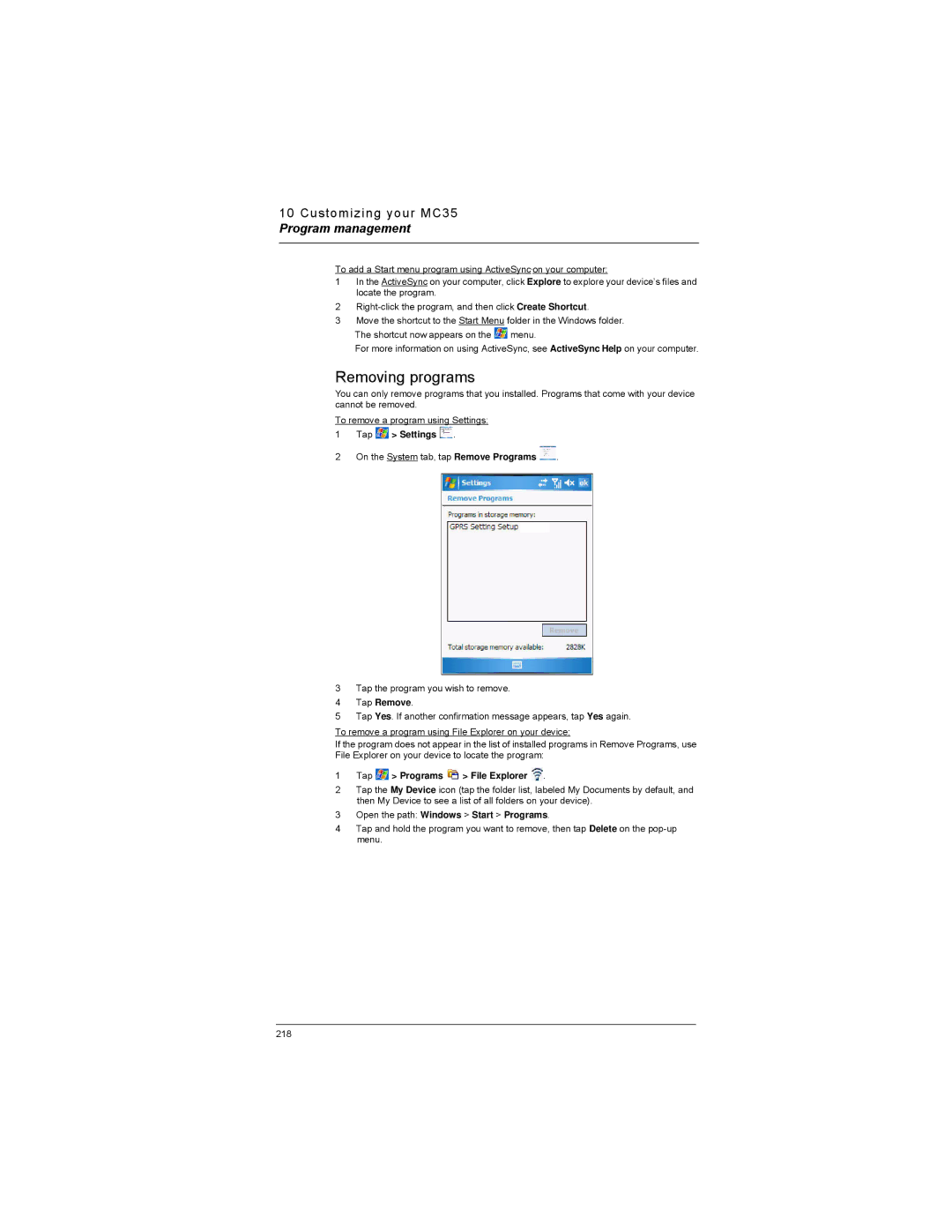 Motorola MC35 manual Removing programs, Tap Remove 