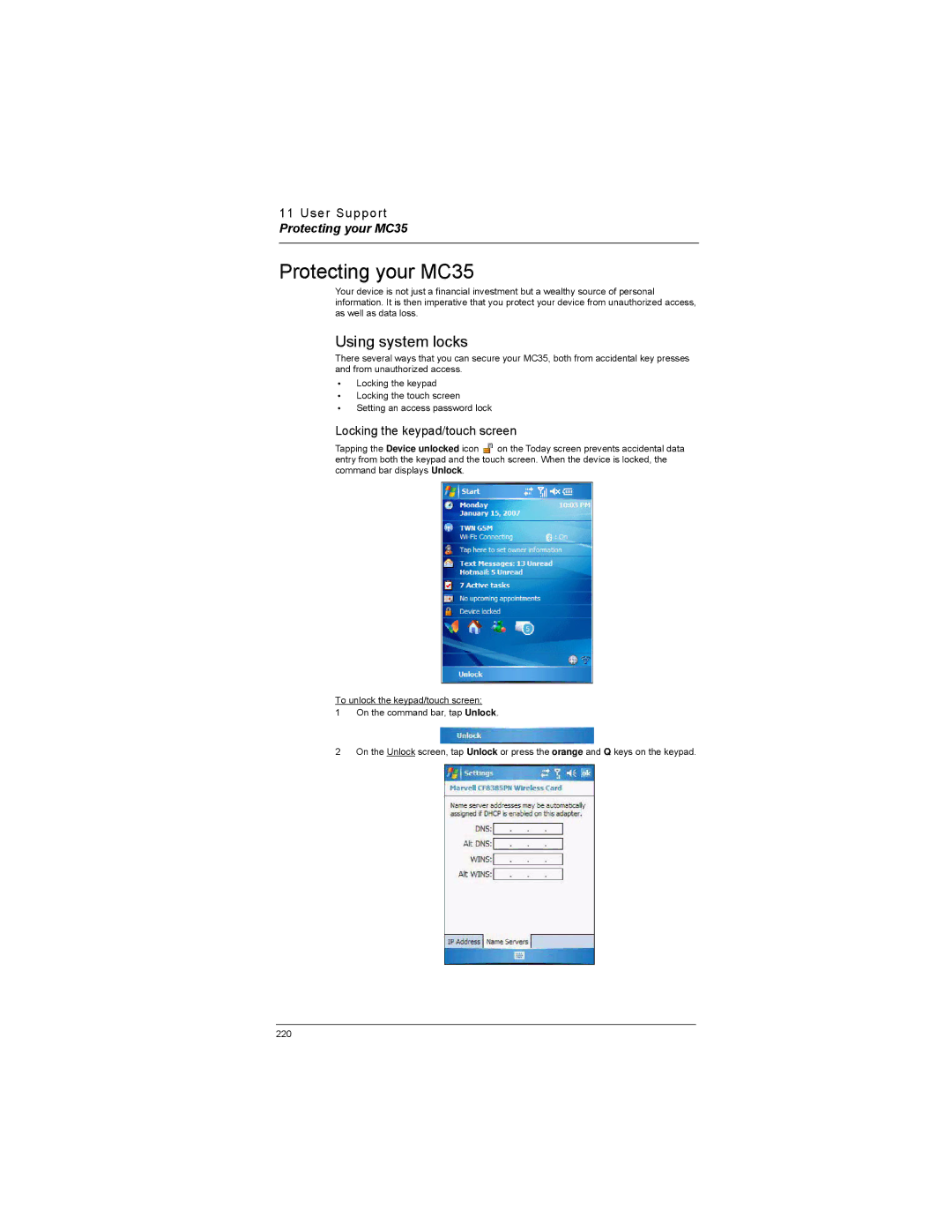 Motorola manual Protecting your MC35, Using system locks, Locking the keypad/touch screen 