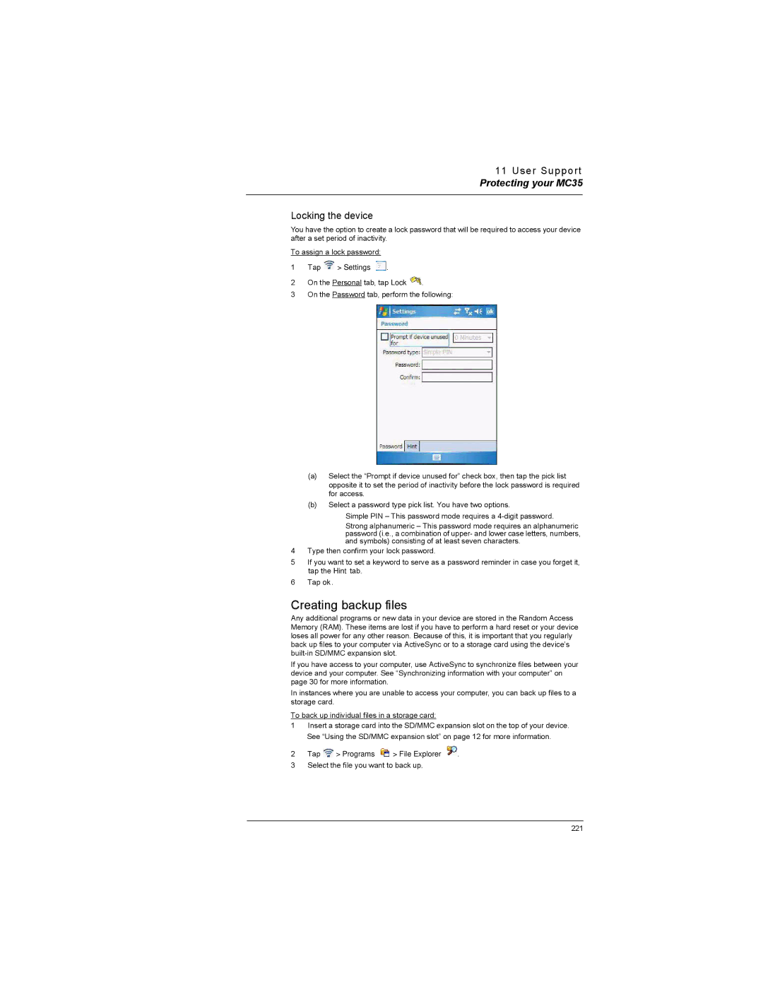 Motorola MC35 manual Creating backup files, Locking the device 