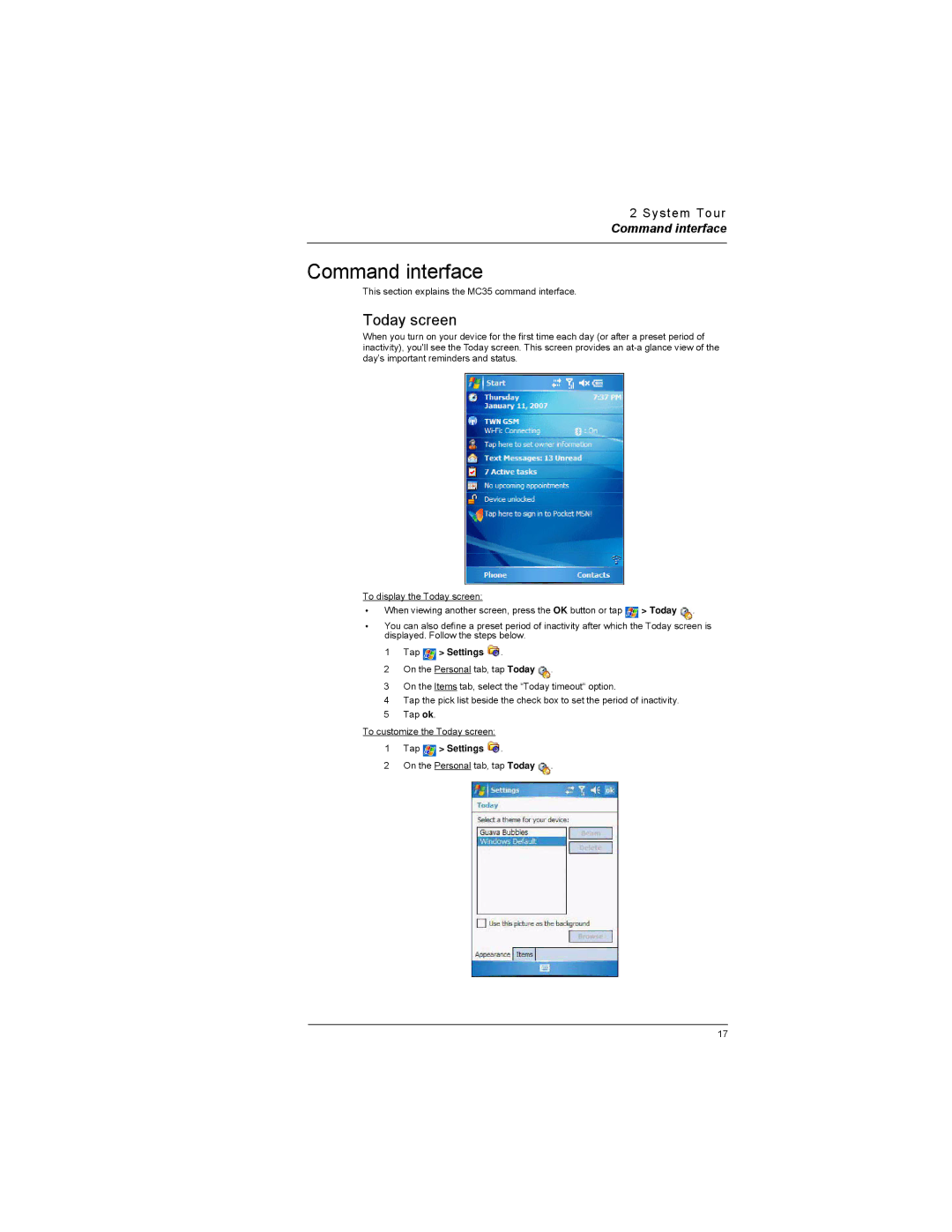 Motorola MC35 manual Command interface, Today screen, Tap Settings 