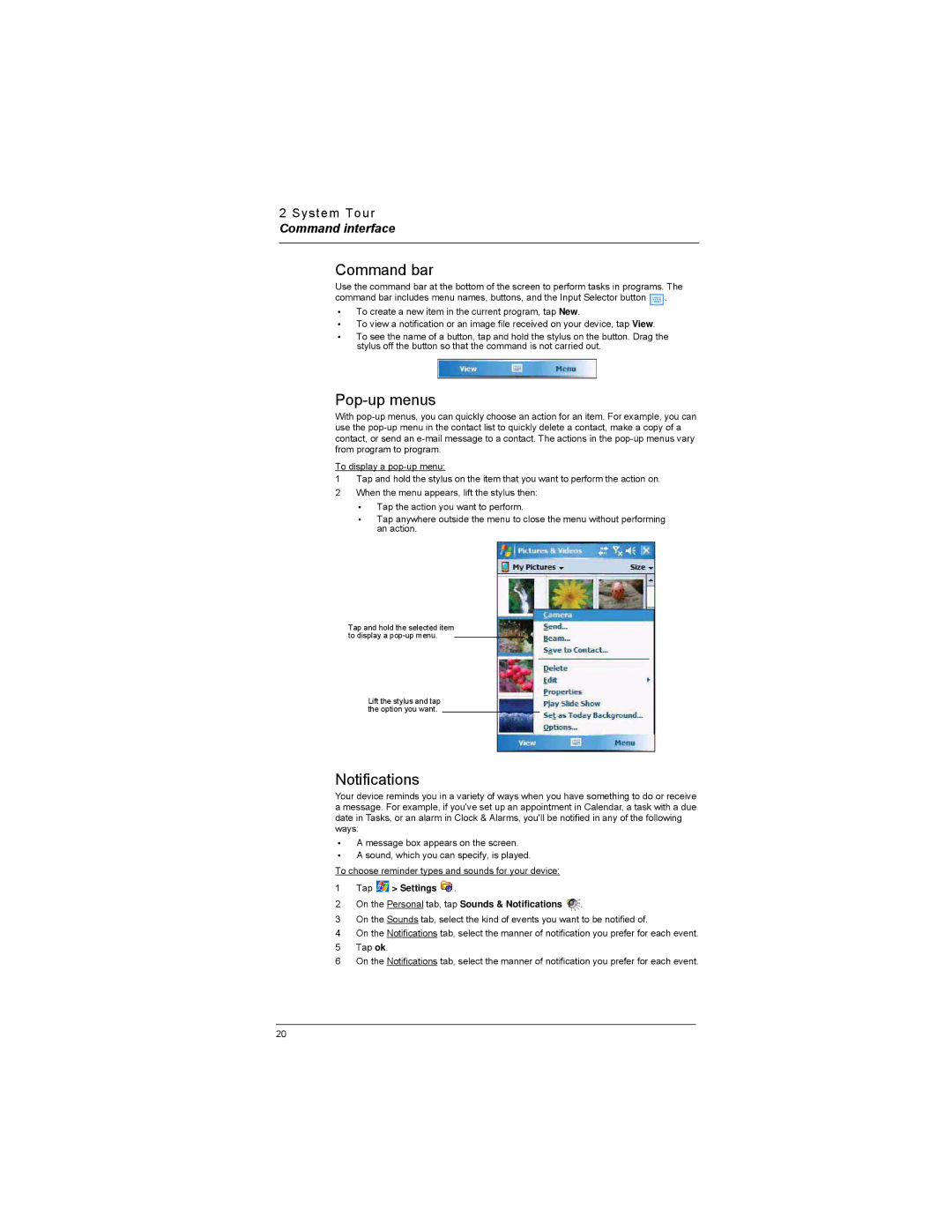 Motorola MC35 manual Command bar, Pop-up menus, Notifications 