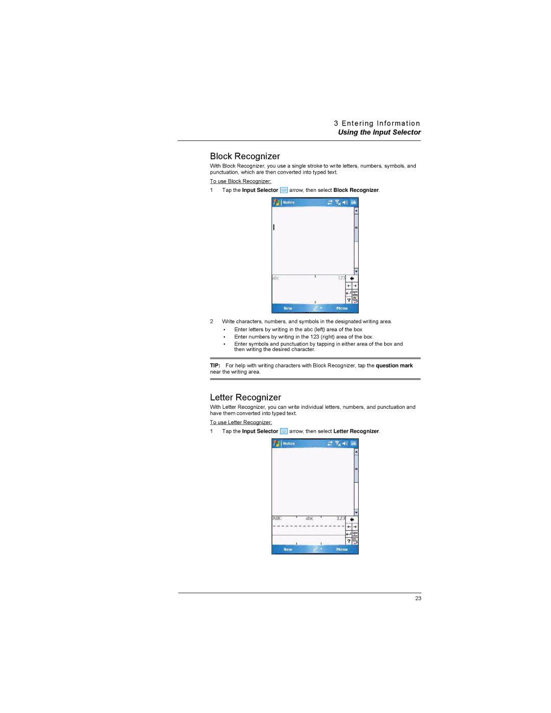 Motorola MC35 manual Letter Recognizer, Tap the Input Selector arrow, then select Block Recognizer 