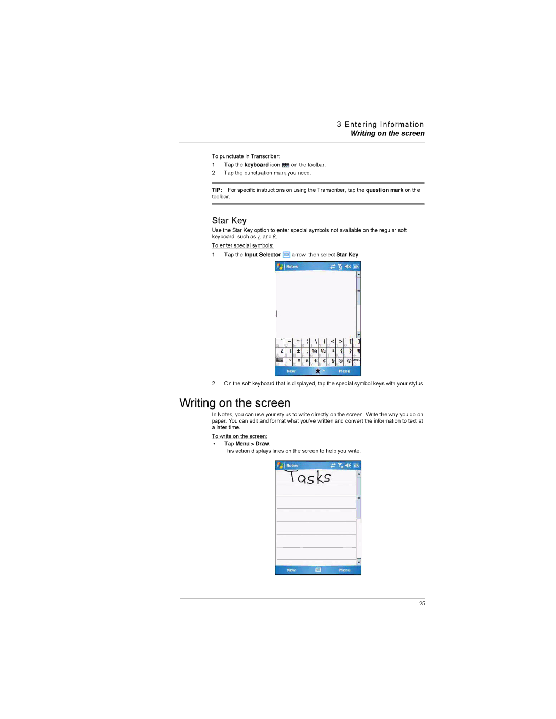 Motorola MC35 manual Writing on the screen, Star Key, Tap Menu Draw 