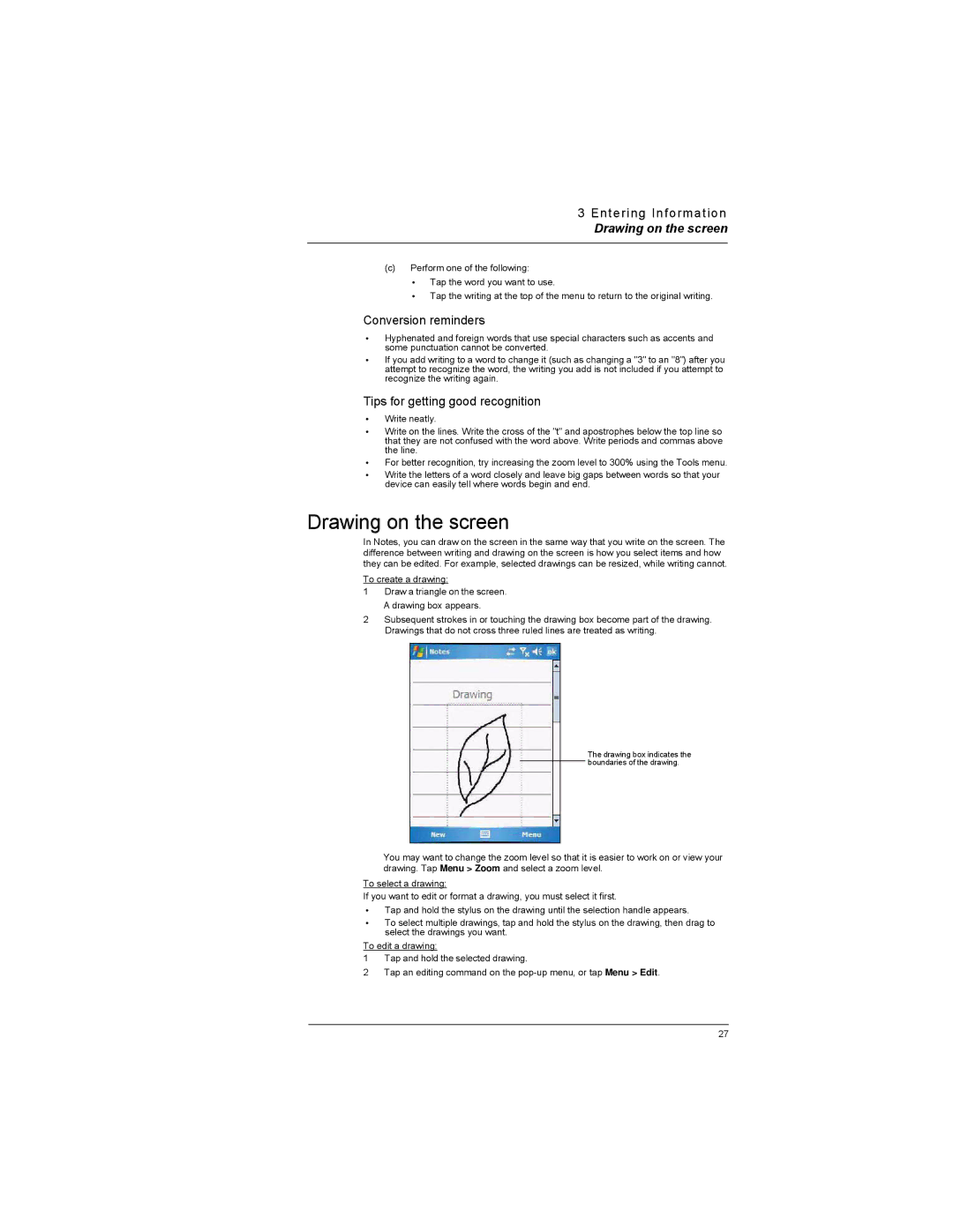 Motorola MC35 manual Drawing on the screen, Conversion reminders, Tips for getting good recognition 