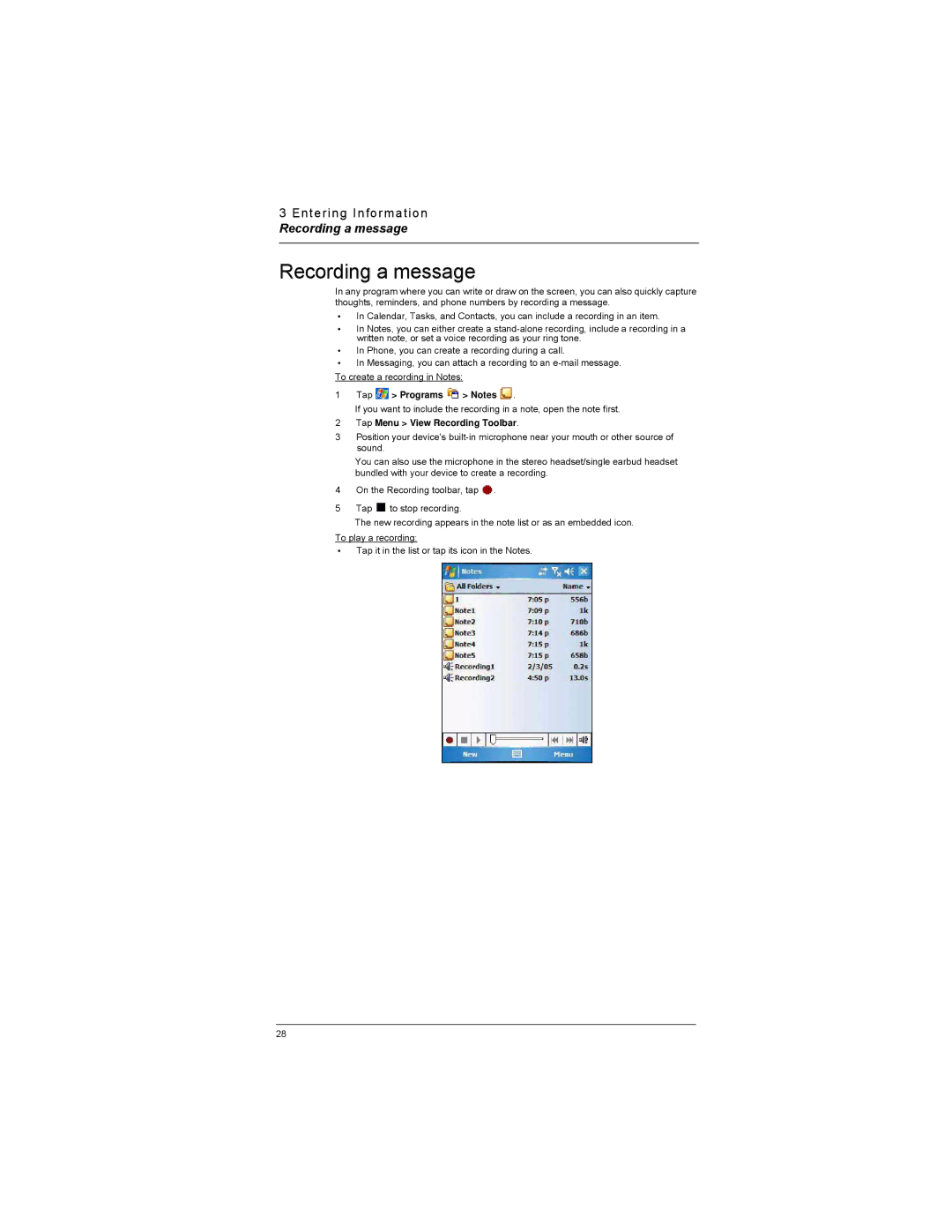 Motorola MC35 manual Recording a message, Tap Programs Notes, Tap Menu View Recording Toolbar 