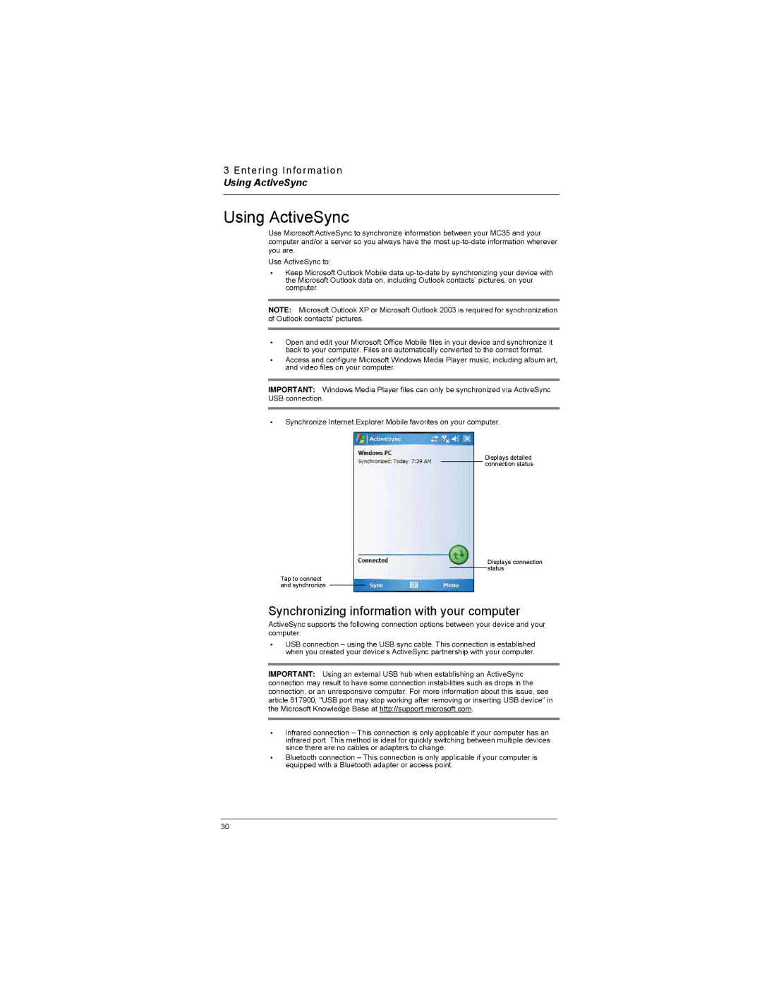 Motorola MC35 manual Using ActiveSync, Synchronizing information with your computer 