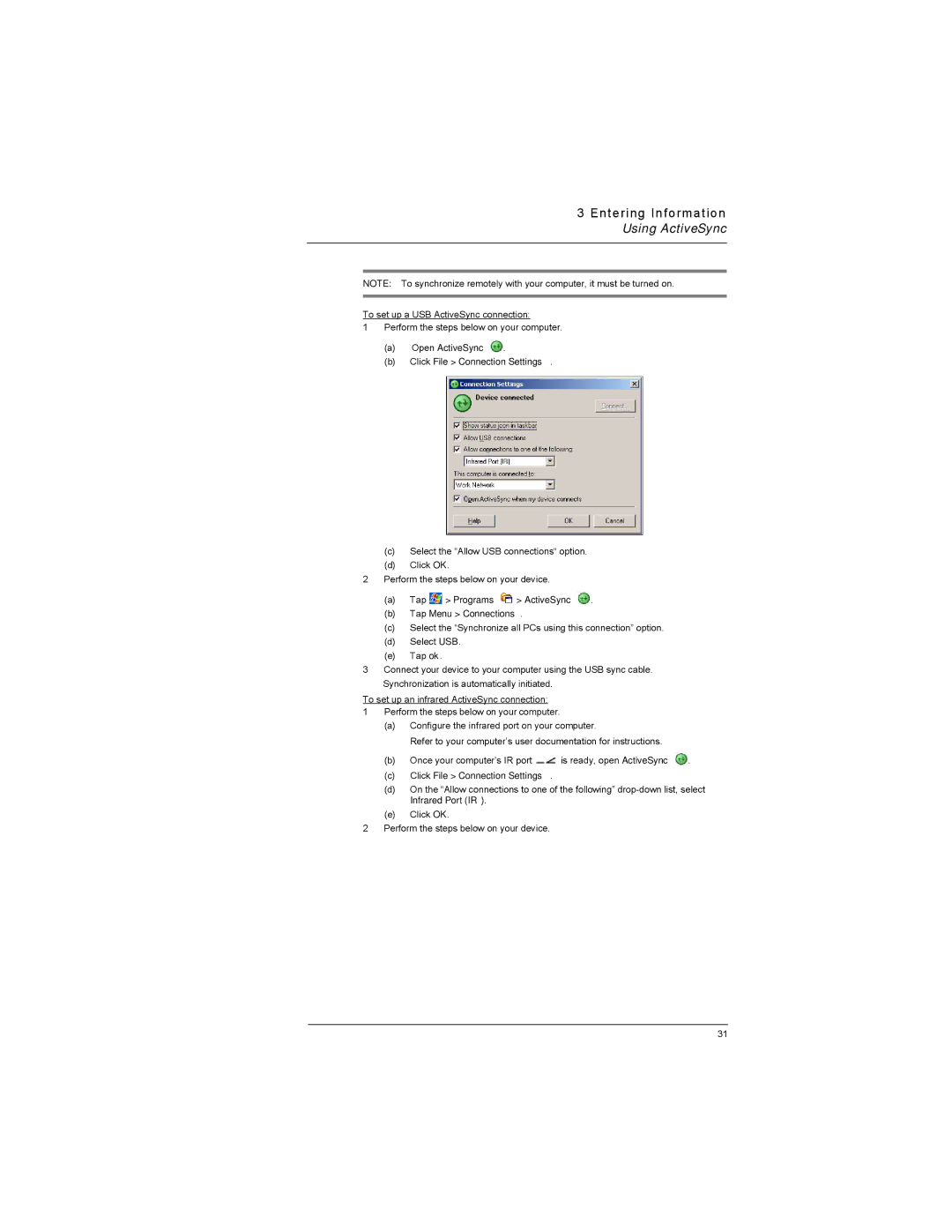 Motorola MC35 manual Open ActiveSync Click File Connection Settings, Tap Programs ActiveSync Tap Menu Connections 