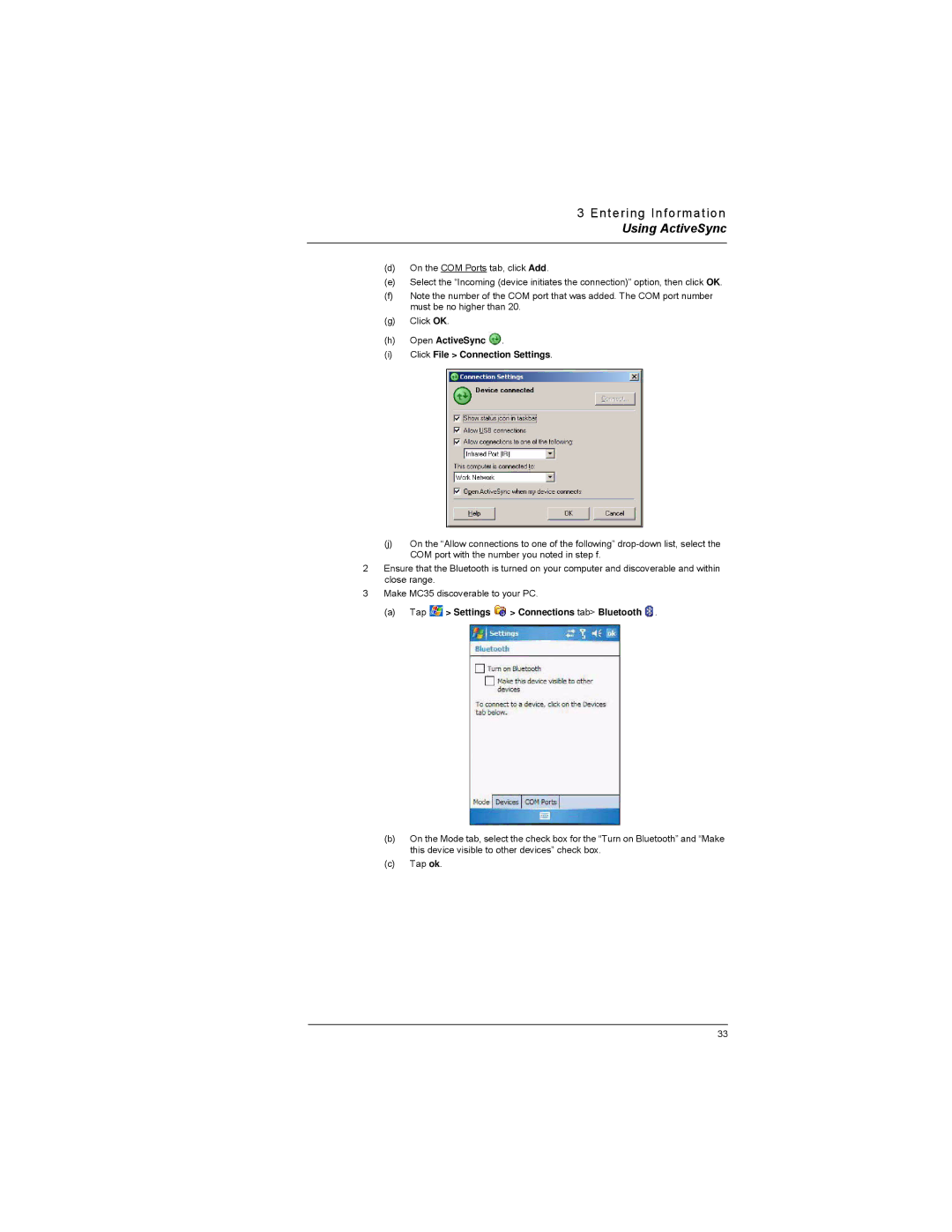 Motorola MC35 manual Tap Settings Connections tab Bluetooth 