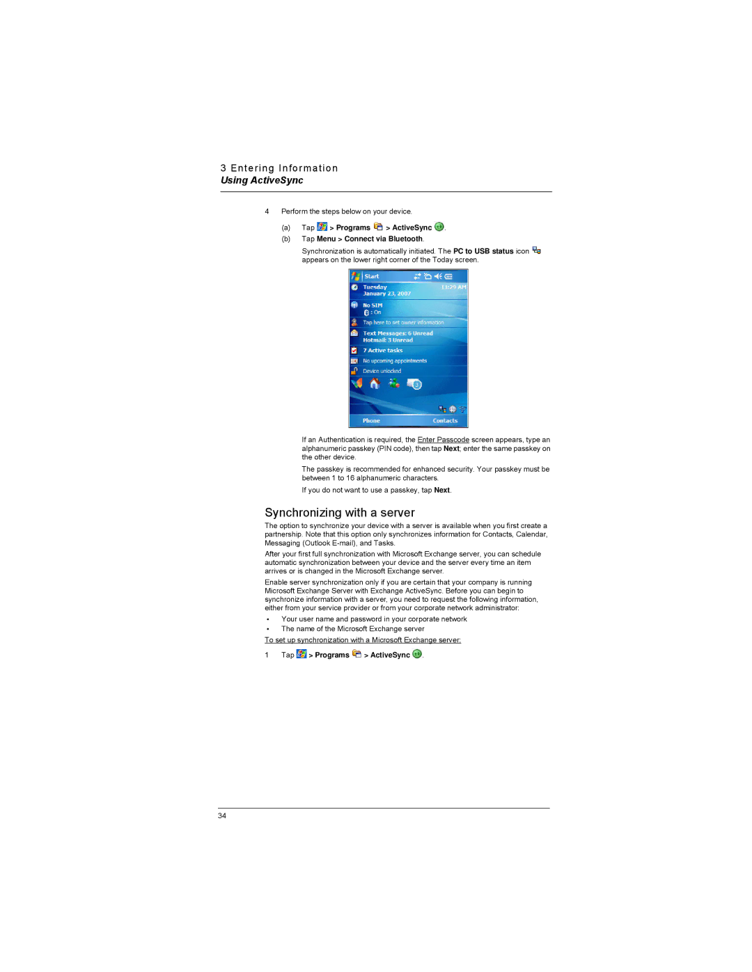 Motorola MC35 manual Synchronizing with a server, Tap Programs ActiveSync Tap Menu Connect via Bluetooth 