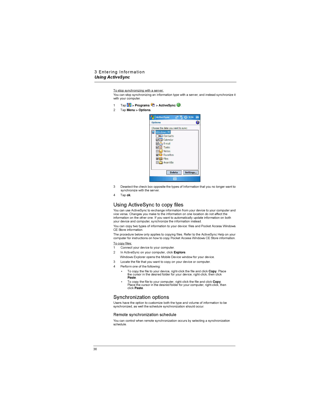 Motorola MC35 manual Using ActiveSync to copy files, Synchronization options, Remote synchronization schedule, Paste 