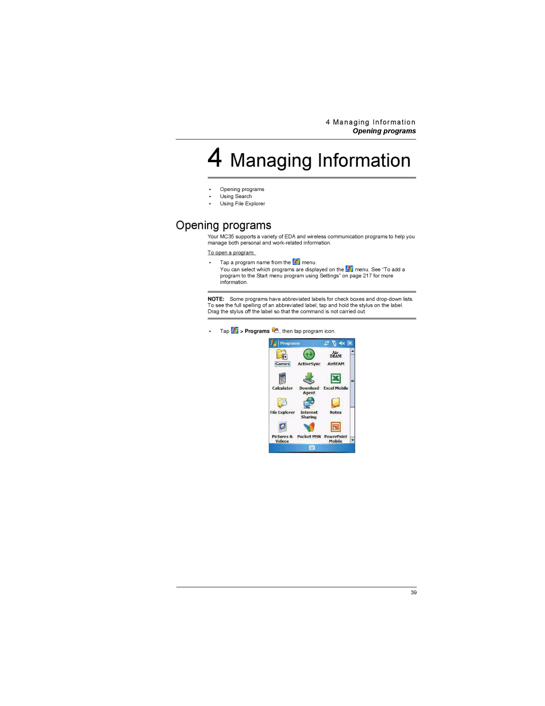 Motorola MC35 manual Opening programs 