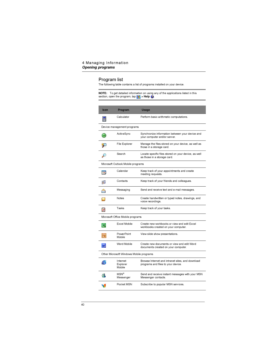 Motorola MC35 manual Program list, Icon Program Usage 