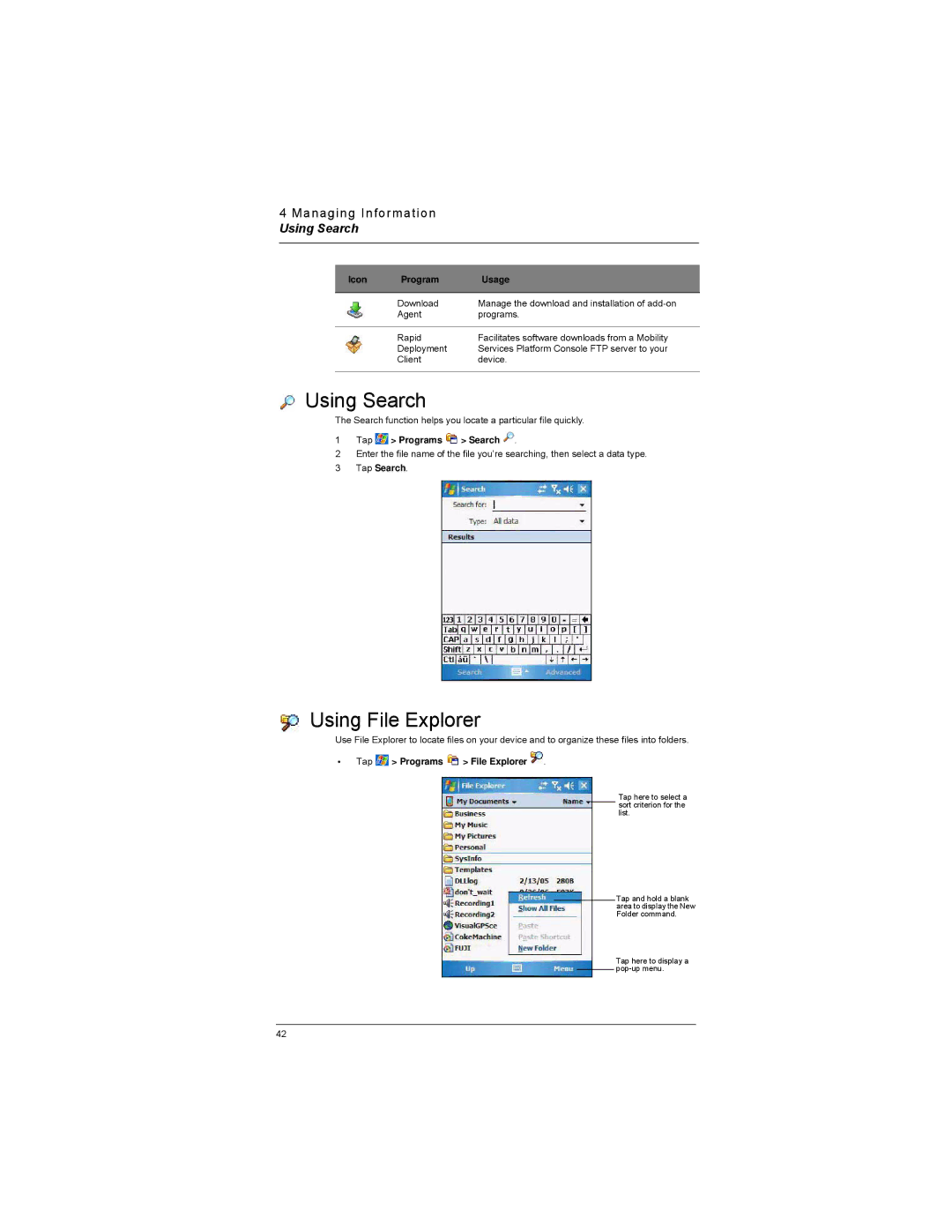 Motorola MC35 manual Using Search, Using File Explorer 