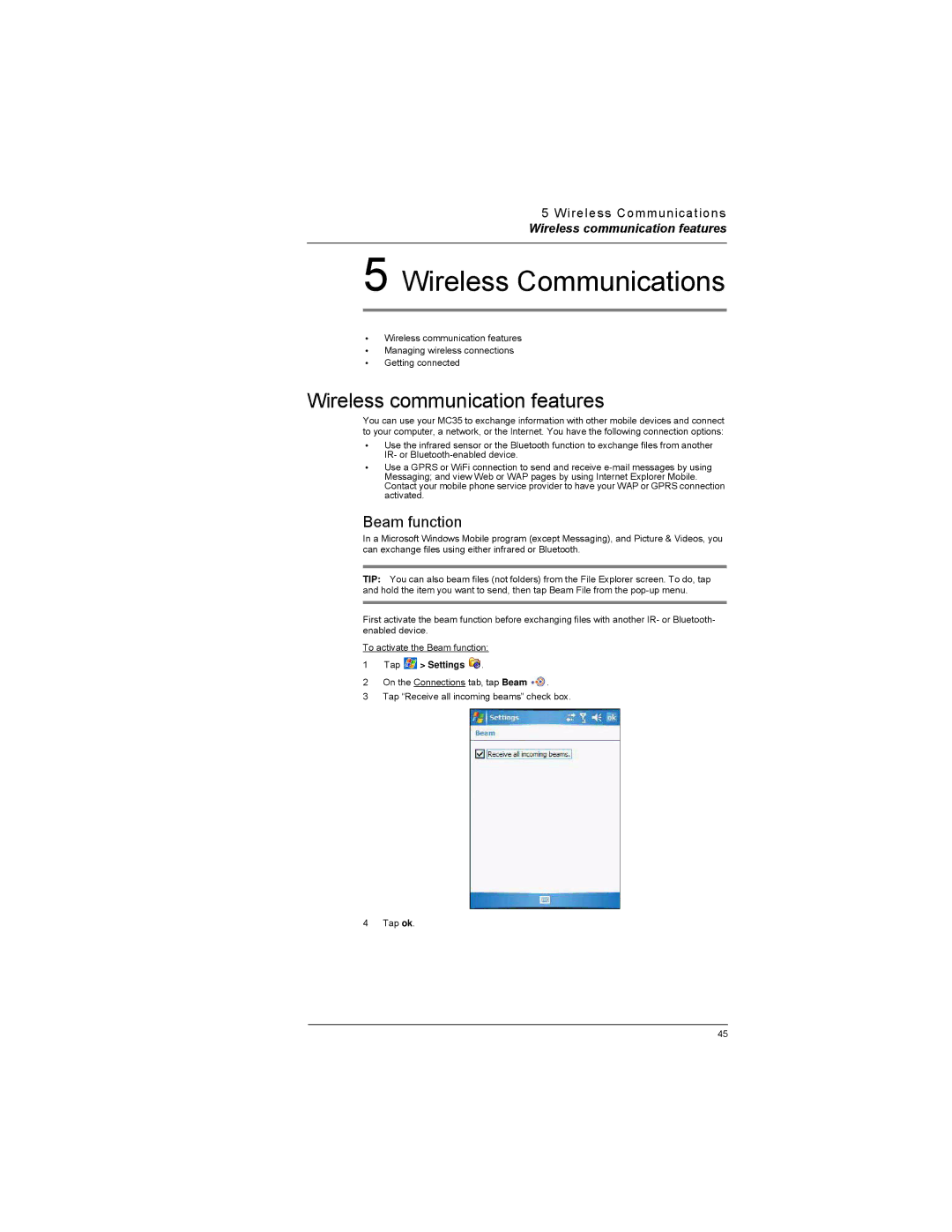 Motorola MC35 manual Wireless communication features, Beam function 