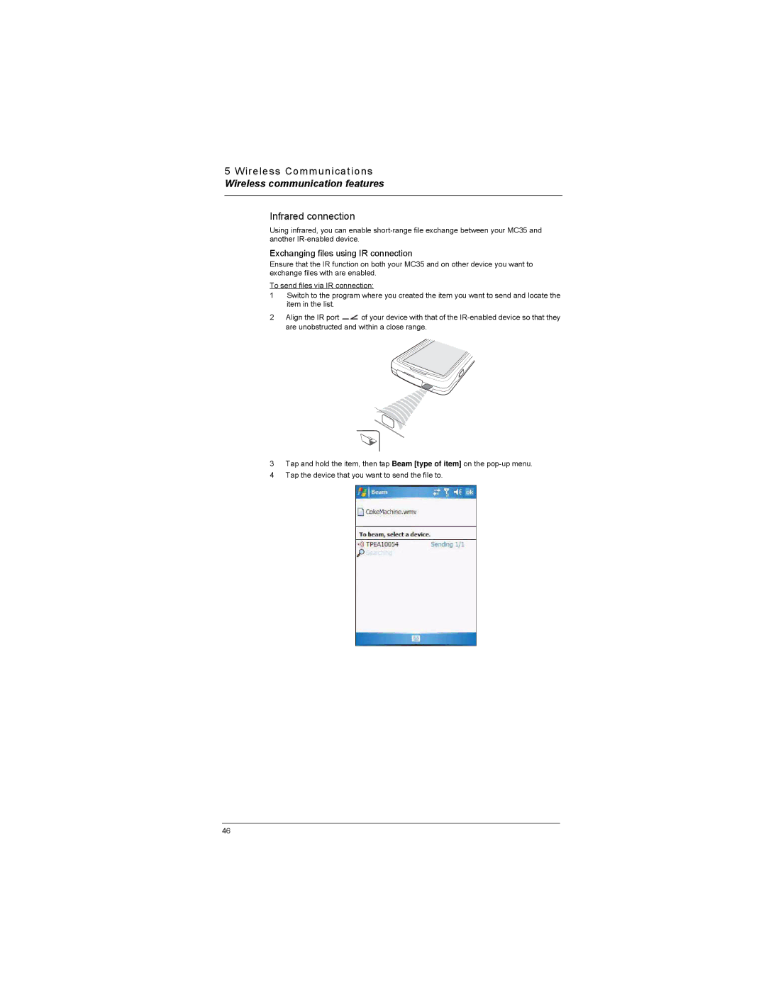 Motorola MC35 manual Infrared connection, Exchanging files using IR connection 