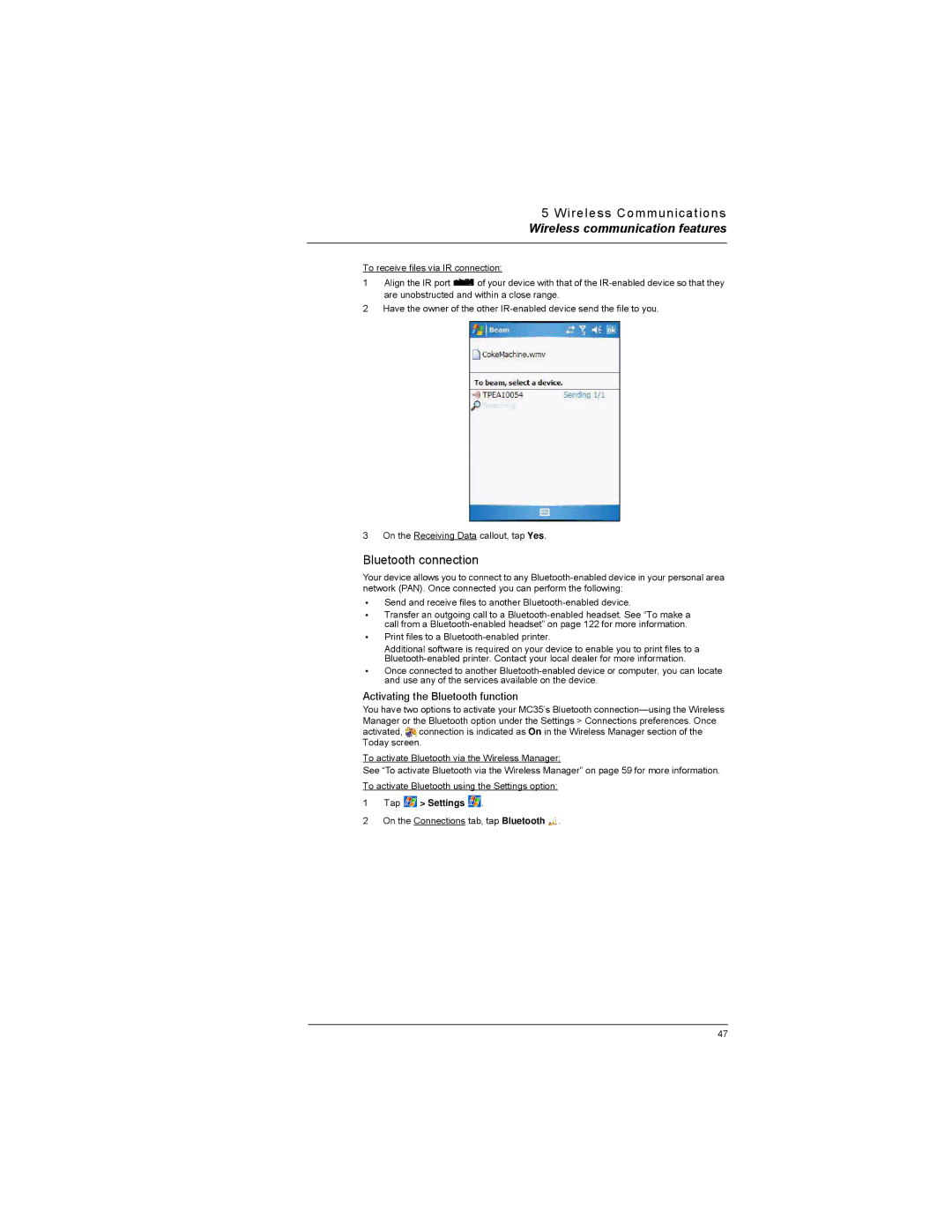 Motorola MC35 manual Bluetooth connection, Activating the Bluetooth function 