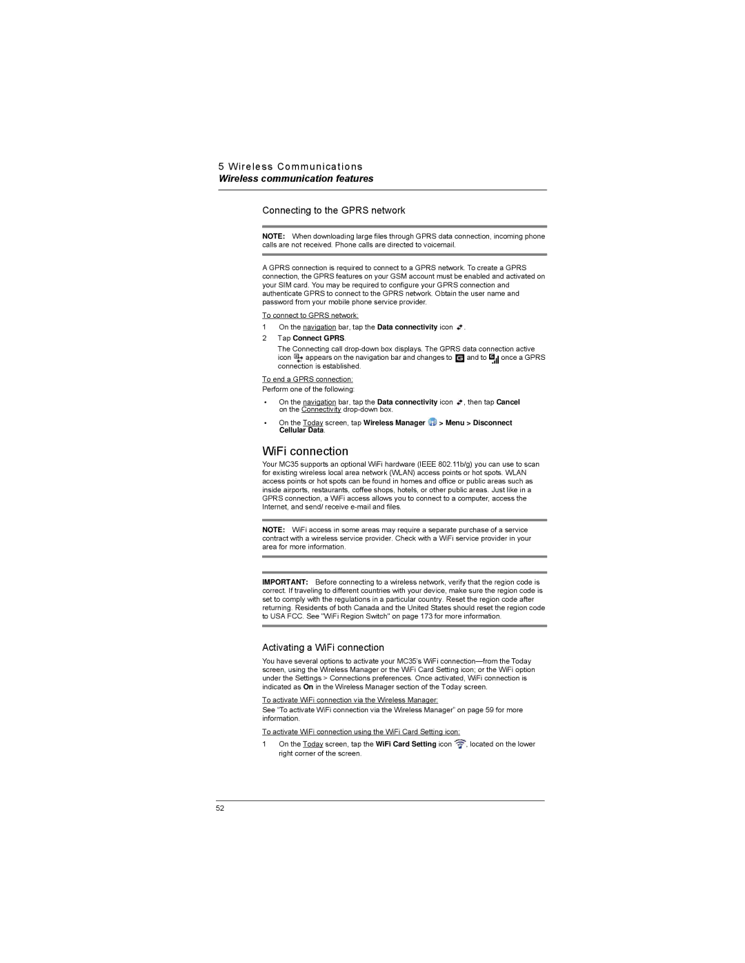 Motorola MC35 manual Connecting to the Gprs network, Activating a WiFi connection, Tap Connect Gprs 