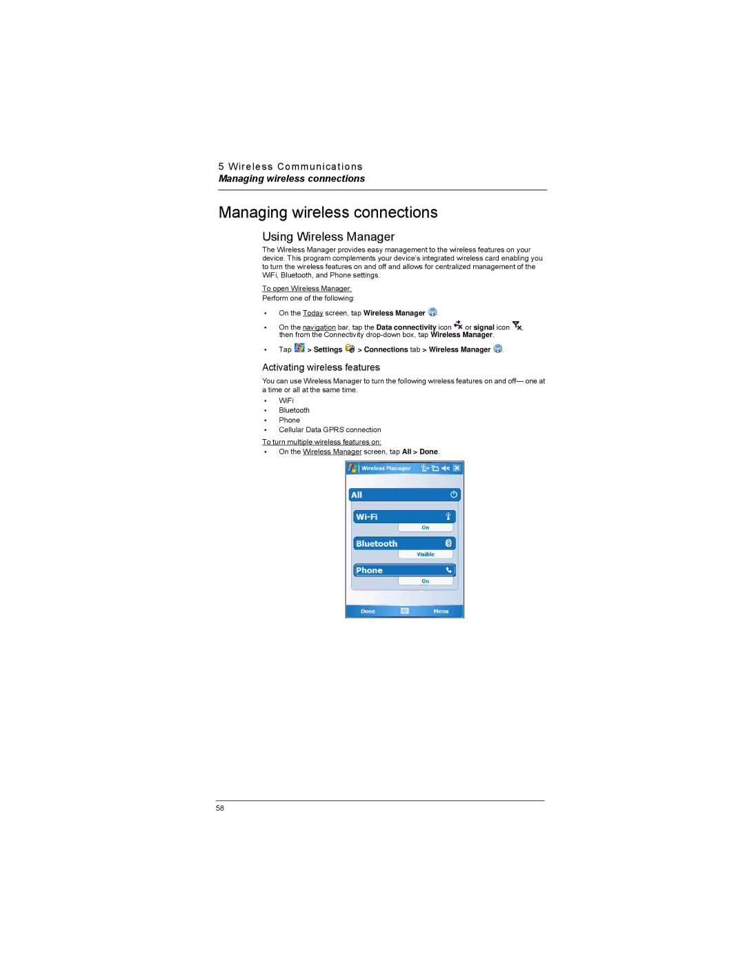 Motorola MC35 manual Managing wireless connections, Using Wireless Manager, Activating wireless features 