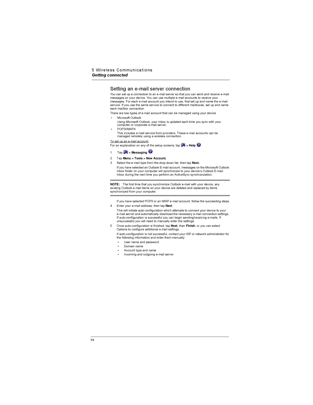 Motorola MC35 manual Setting an e-mail server connection, Tap Messaging Tap Menu Tools New Account 