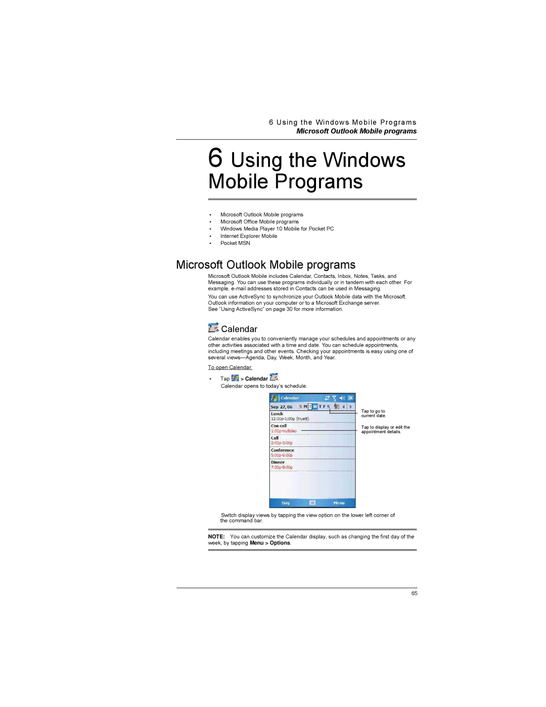 Motorola MC35 manual Microsoft Outlook Mobile programs, Tap Calendar 