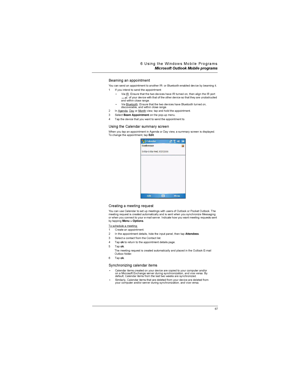 Motorola MC35 manual Beaming an appointment, Using the Calendar summary screen, Creating a meeting request 