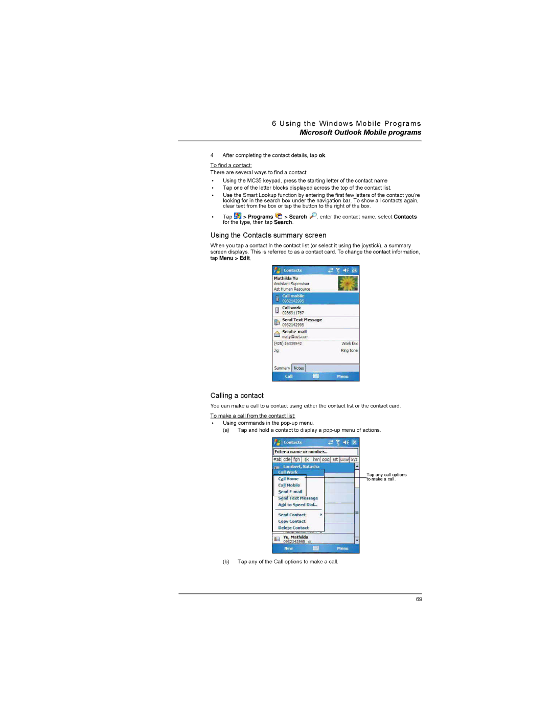 Motorola MC35 manual Using the Contacts summary screen, Calling a contact 