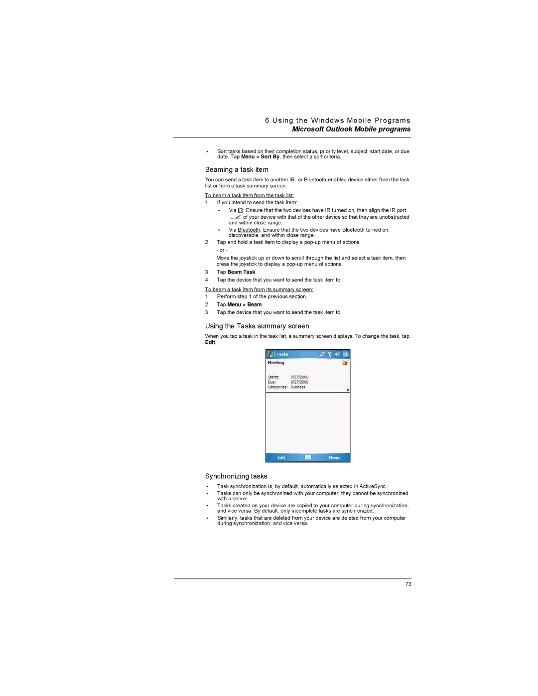 Motorola MC35 manual Beaming a task item, Using the Tasks summary screen, Synchronizing tasks, Tap Beam Task, Tap Menu Beam 