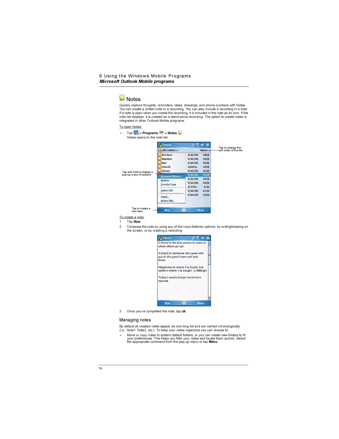 Motorola MC35 manual Managing notes, Tap Programs Notes . Notes opens to the note list 