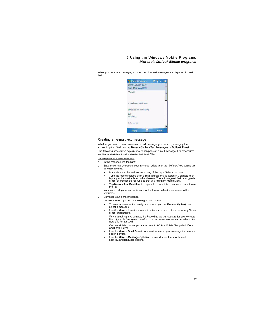 Motorola MC35 manual Creating an e-mail/text message 