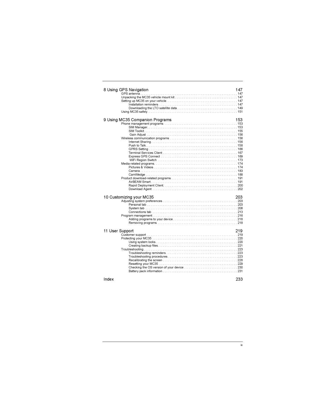 Motorola manual Using GPS Navigation 147, Using MC35 Companion Programs 153, Customizing your MC35 203, User Support 219 