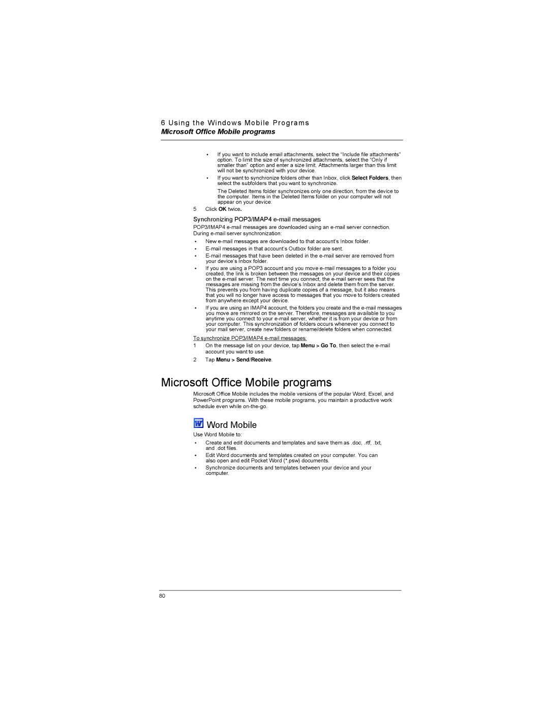Motorola MC35 manual Microsoft Office Mobile programs, Word Mobile, Synchronizing POP3/IMAP4 e-mail messages 