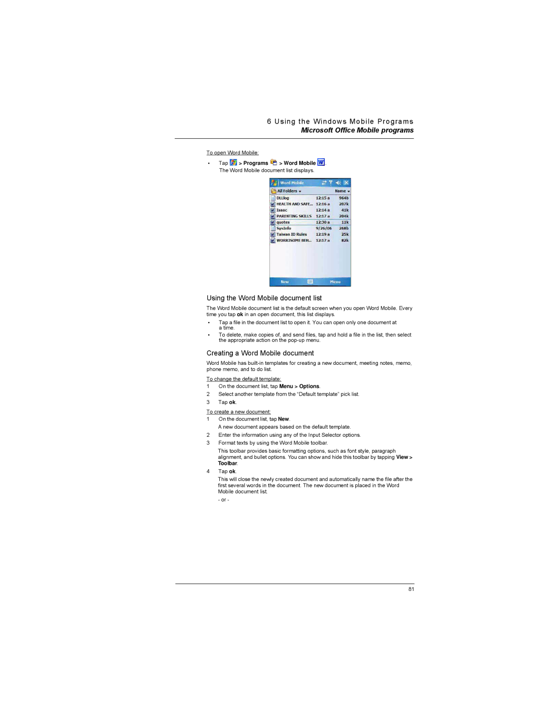 Motorola MC35 manual Using the Word Mobile document list, Creating a Word Mobile document 