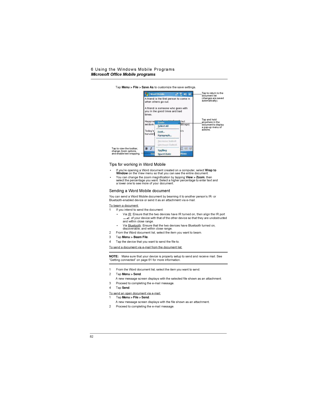 Motorola MC35 manual Tips for working in Word Mobile, Sending a Word Mobile document, Tap Menu Beam File, Tap Menu Send 