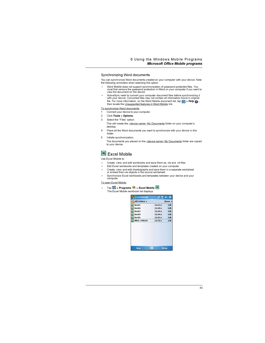 Motorola MC35 manual Excel Mobile, Synchronizing Word documents, Help 