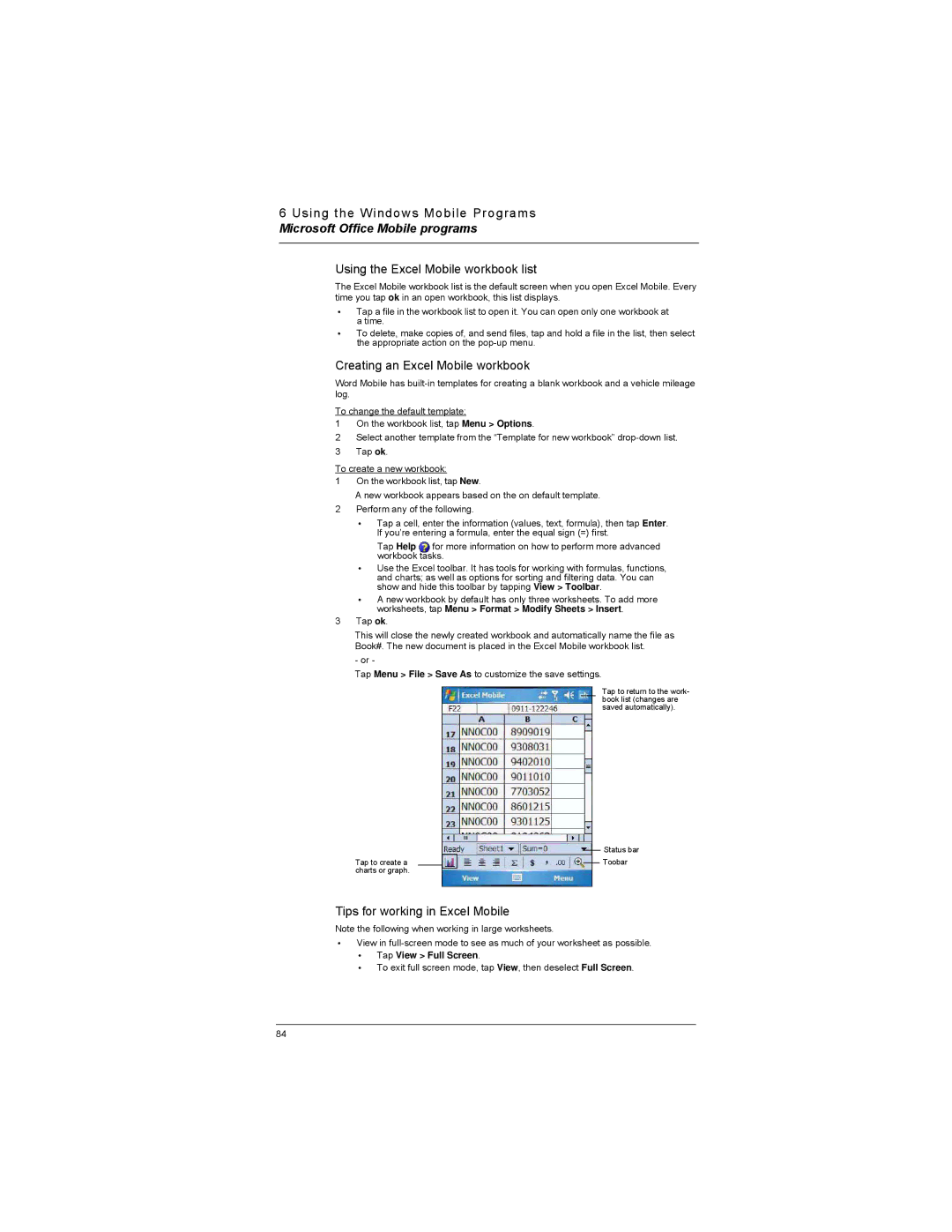 Motorola MC35 Using the Excel Mobile workbook list, Creating an Excel Mobile workbook, Tips for working in Excel Mobile 